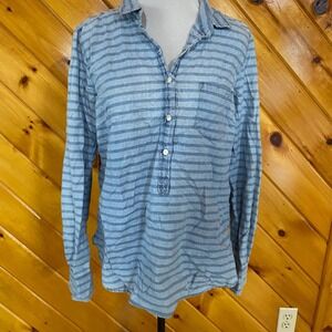 J. Crew Striped Chambray Popover Cotton Shirt Size 10 Long Sleeve Casual Top